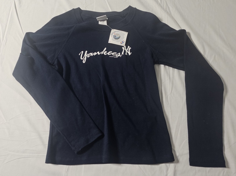 New York Yankees Womens Long Sleeve Shirt NWT MLB Lady Slugger Navy 100% Cotton